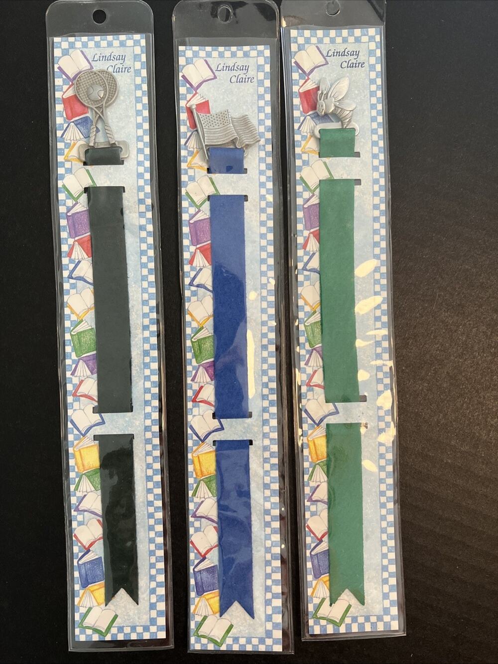Vintage LINDSAY CLAIRE Bookmark Set of 3 Pewter Ribbons Bee USA Flag Tennis